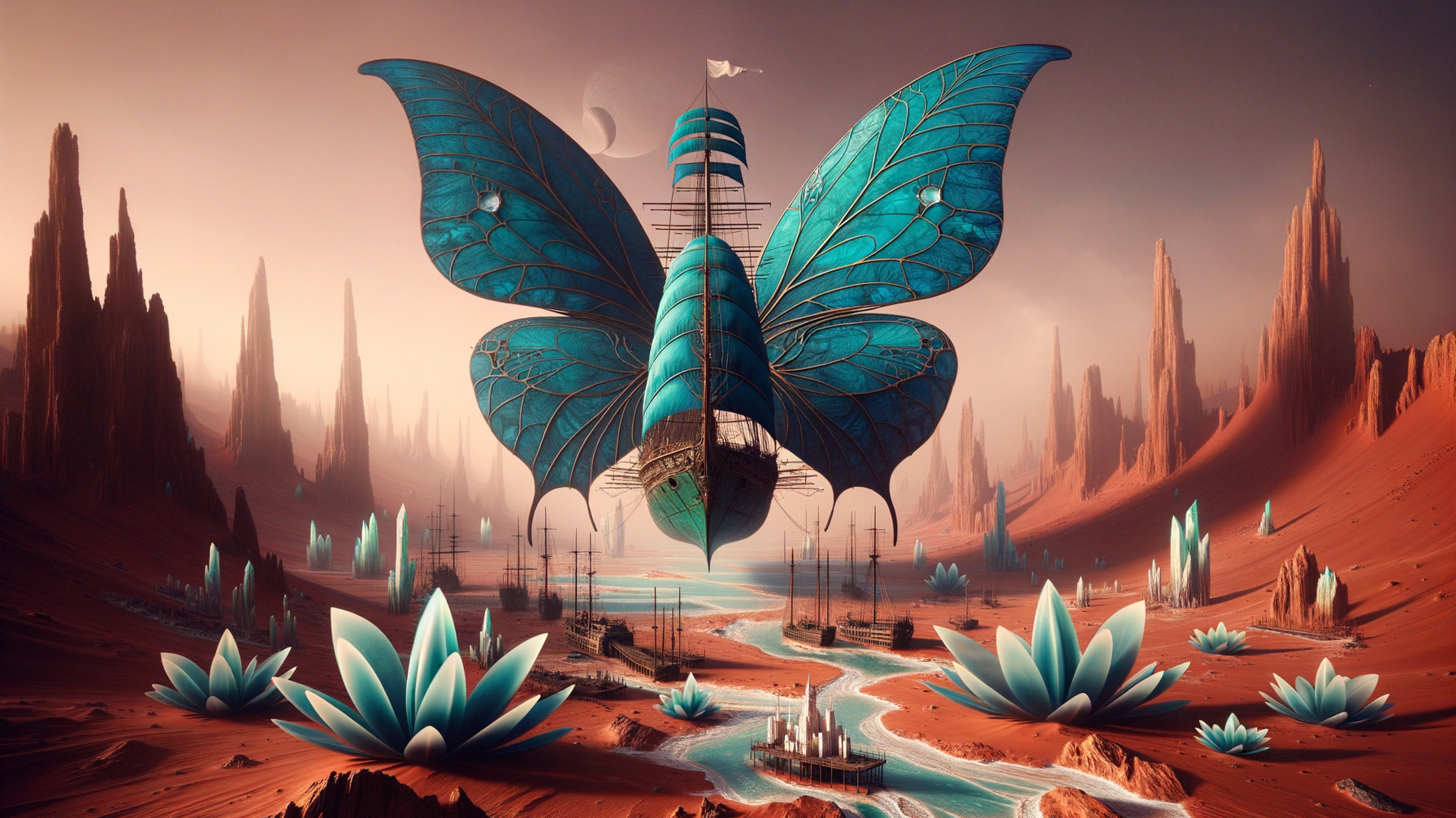 Surreal Landscape with Gigantic Turquoise Butterfly