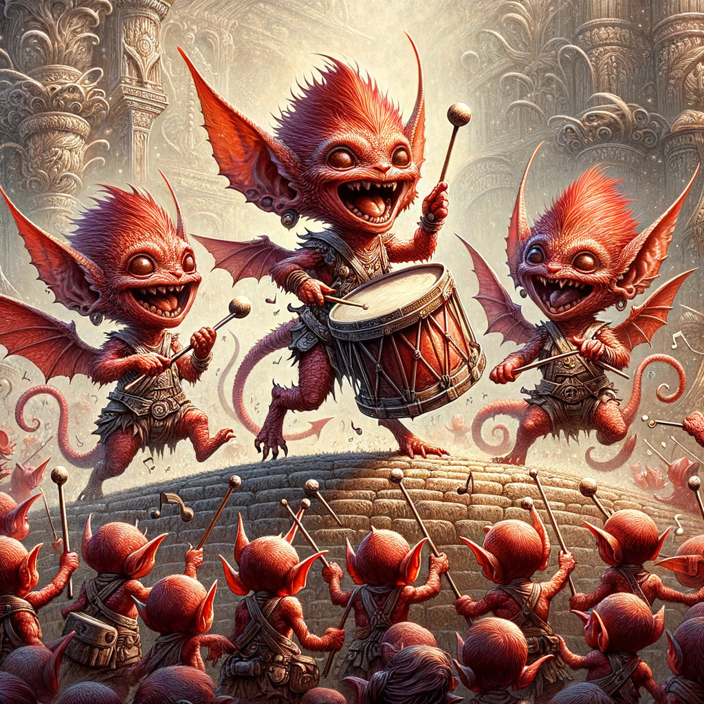 Cheerful Goblins Playing Drums in Fantasy Scene