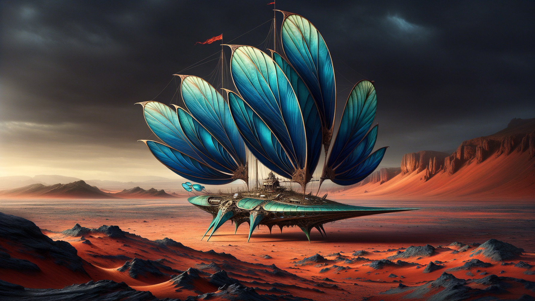 Majestic airship in a crimson desert landscape