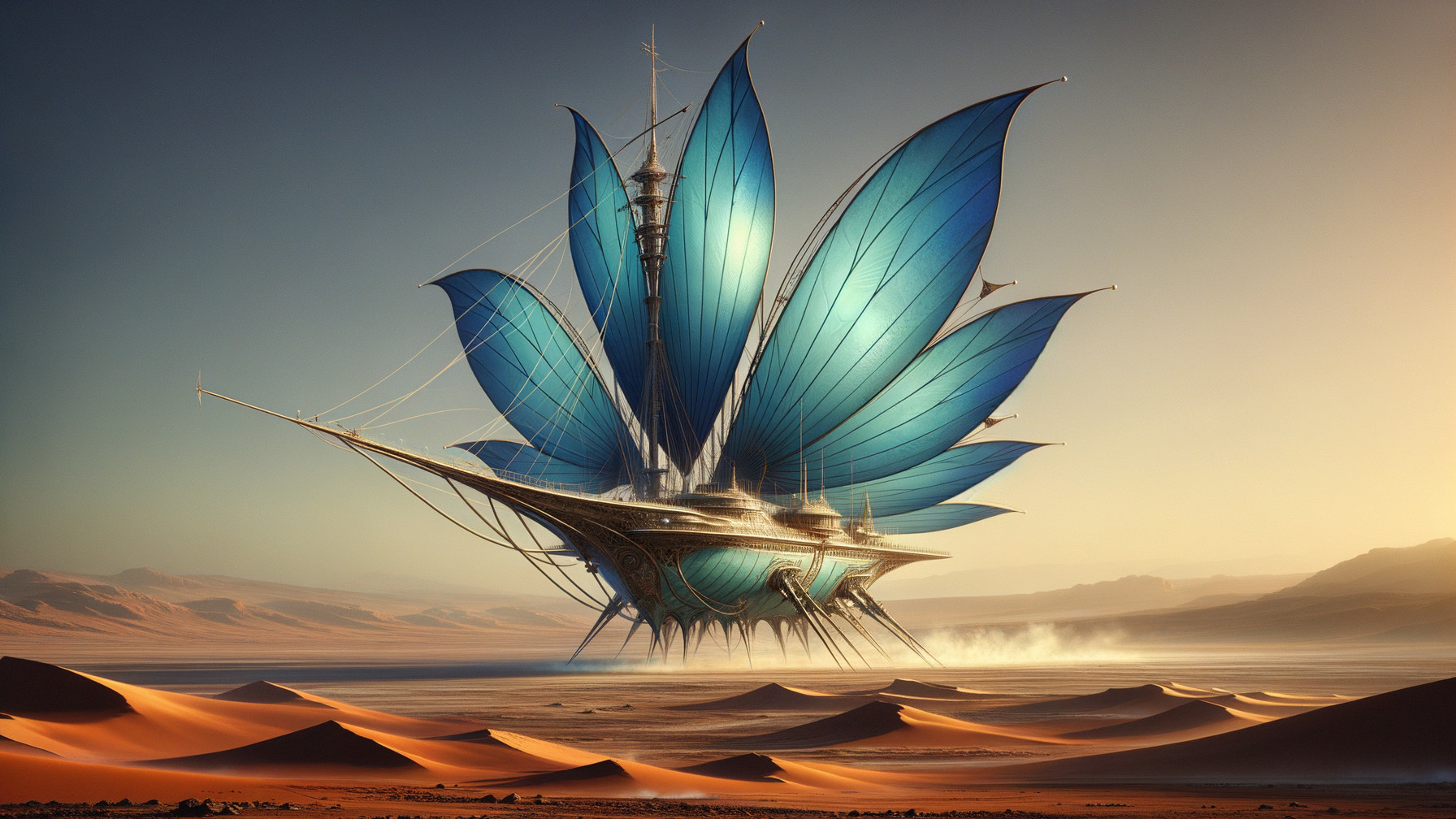 Futuristic ship design in a desert sunset setting