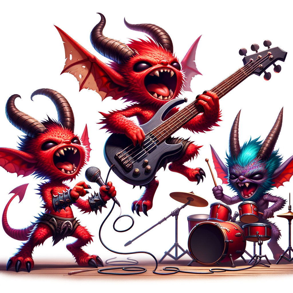 Cartoonish demons in vibrant rock concert setting