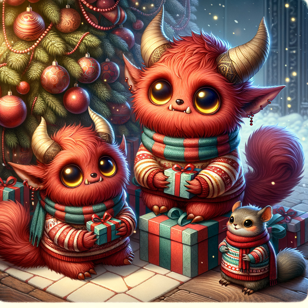 Close-up of Red Furry Creatures with Squirrel at Christmas