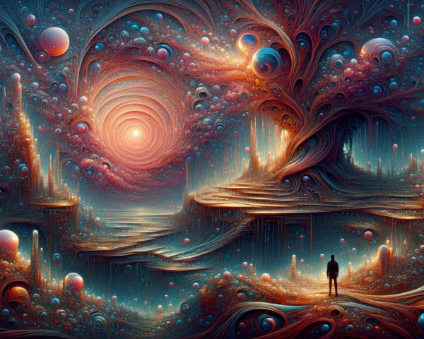Surreal Landscape with Vibrant Patterns and Orbs