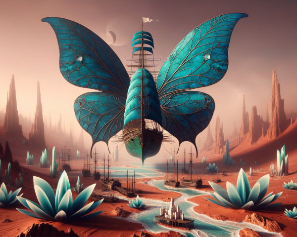 Surreal Landscape with Gigantic Turquoise Butterfly