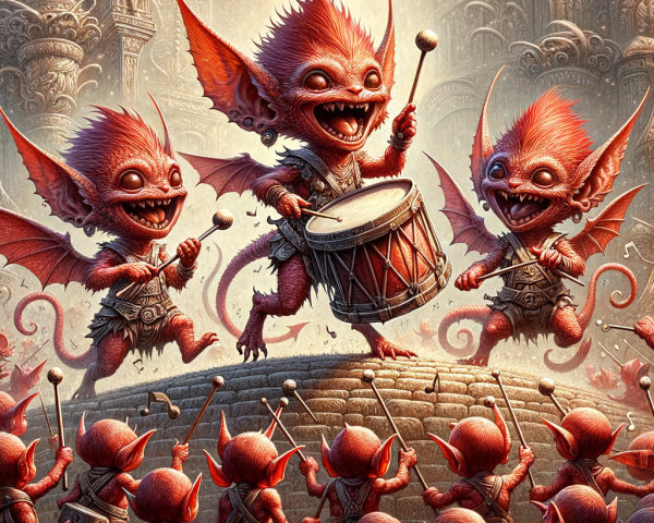 Cheerful Goblins Playing Drums in Fantasy Scene