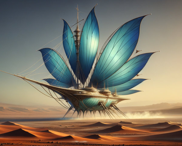 Futuristic ship design in a desert sunset setting