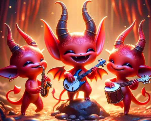 Playful Cartoonish Demons in a Mystical Cave