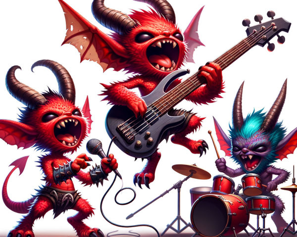 Cartoonish demons in vibrant rock concert setting