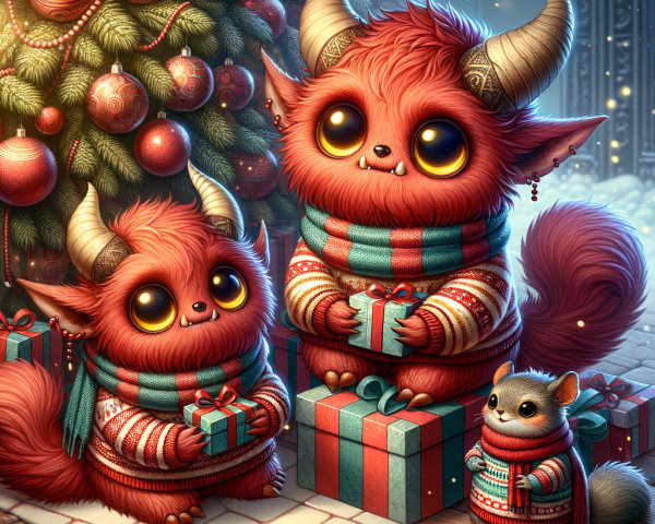 Close-up of Red Furry Creatures with Squirrel at Christmas