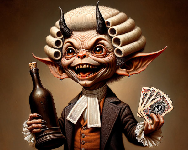 Whimsical Creature with Cards and Bottle in Elegant Suit