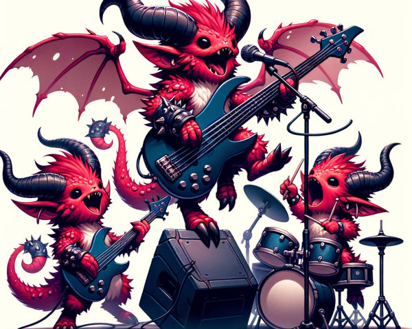 Cartoonish Red Horned Creatures in a Band Performance