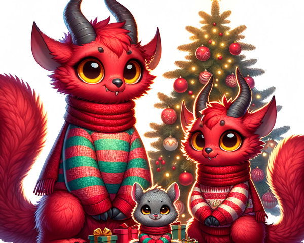 Red Devil-Like Creatures Celebrating Christmas Together