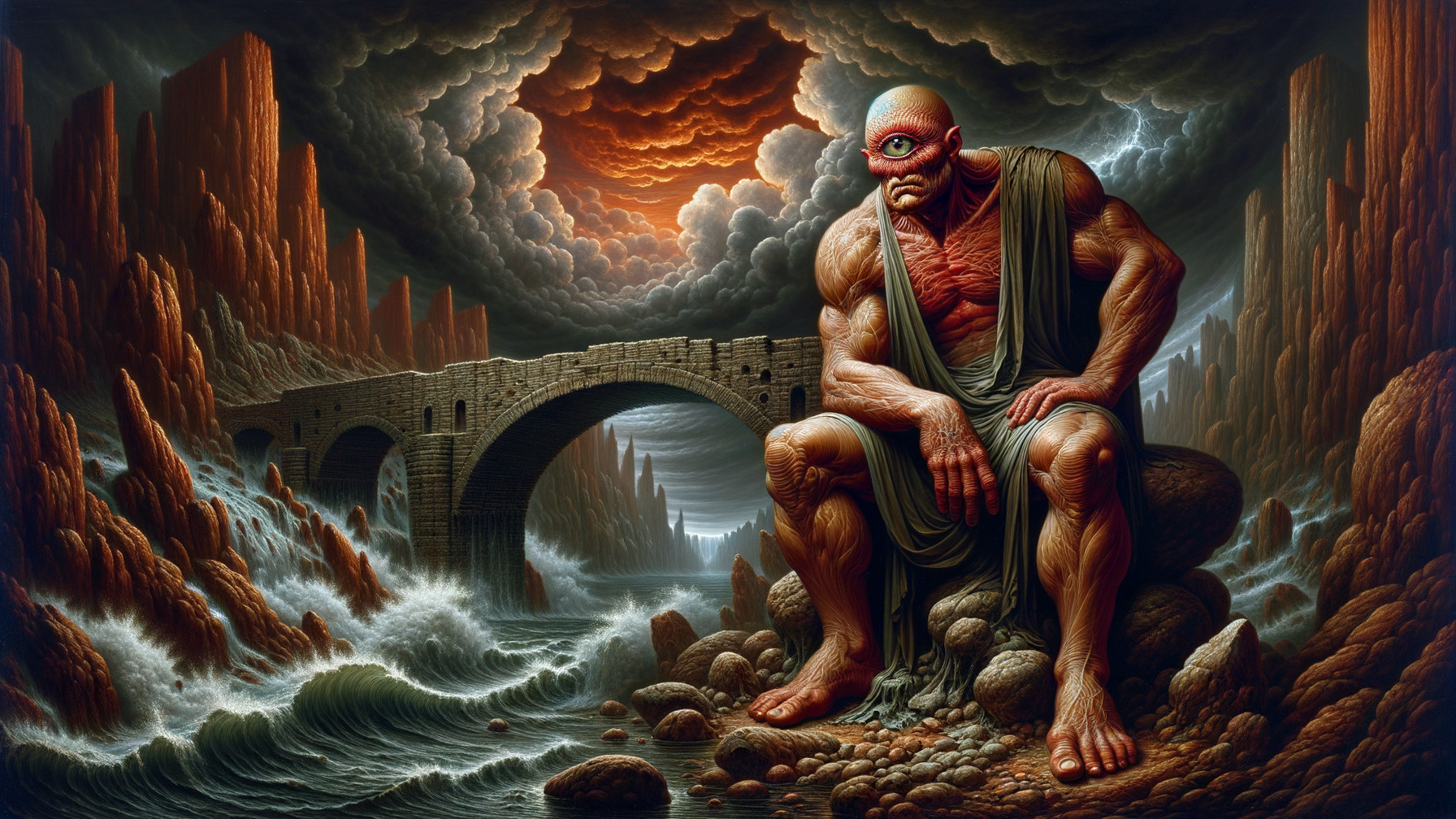 Colossal figure with a single eye in a stormy landscape