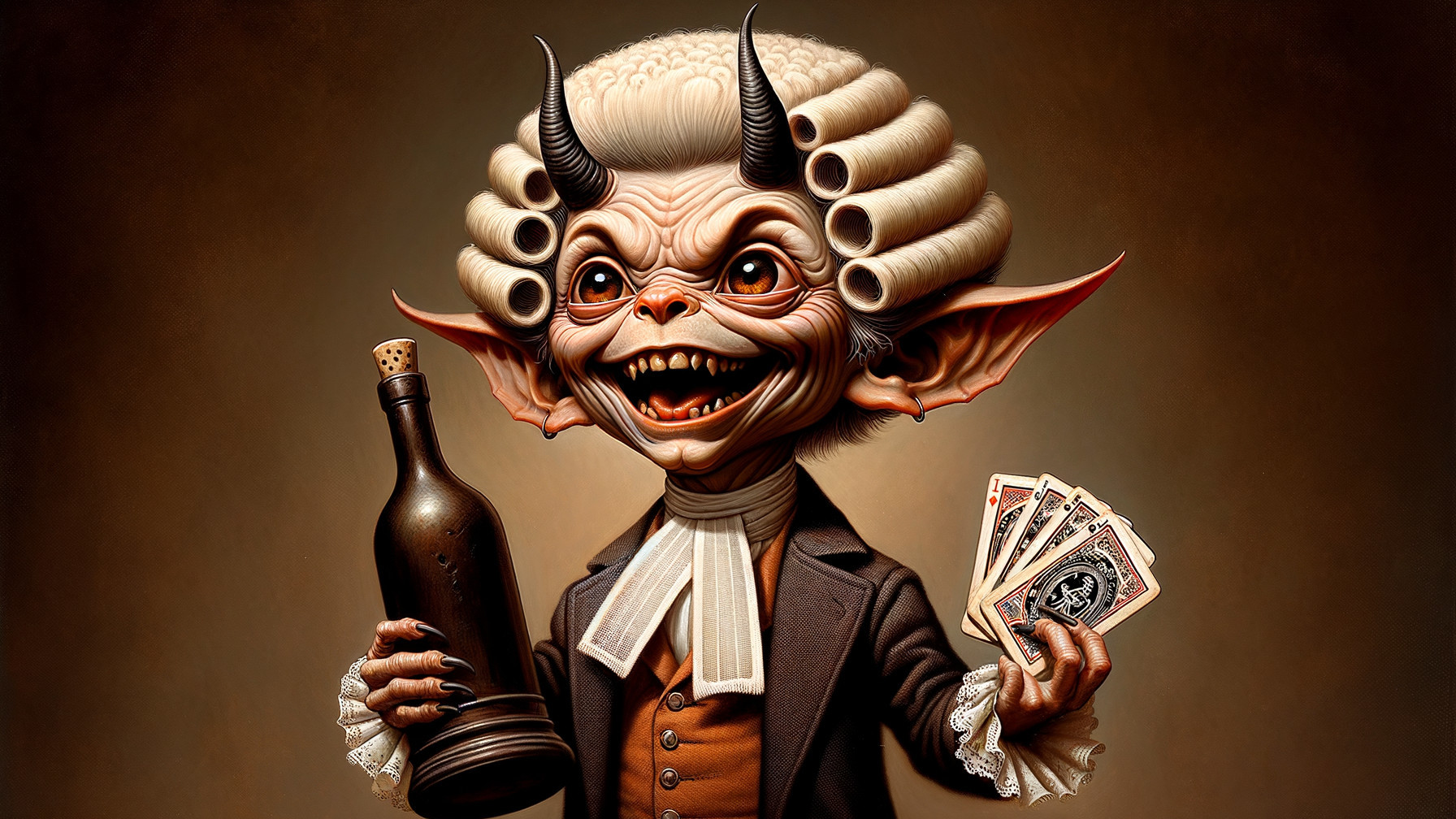 Whimsical Creature with Cards and Bottle in Elegant Suit