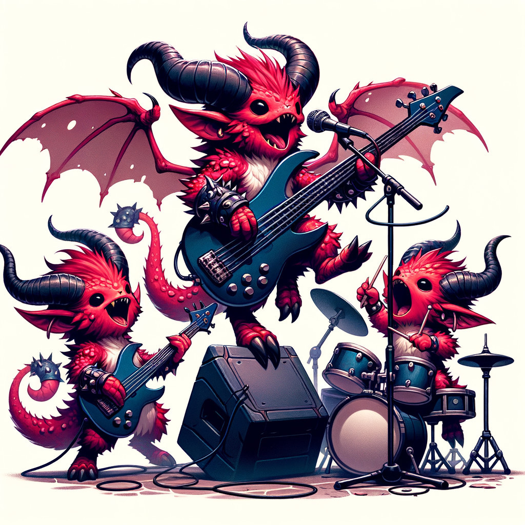Cartoonish Red Horned Creatures in a Band Performance