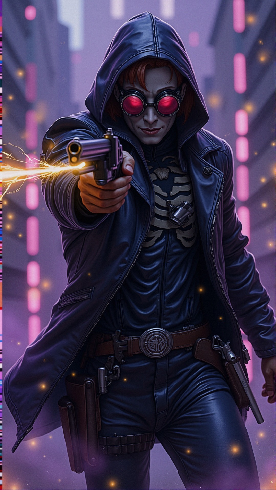 Red-haired character in steampunk attire with handgun