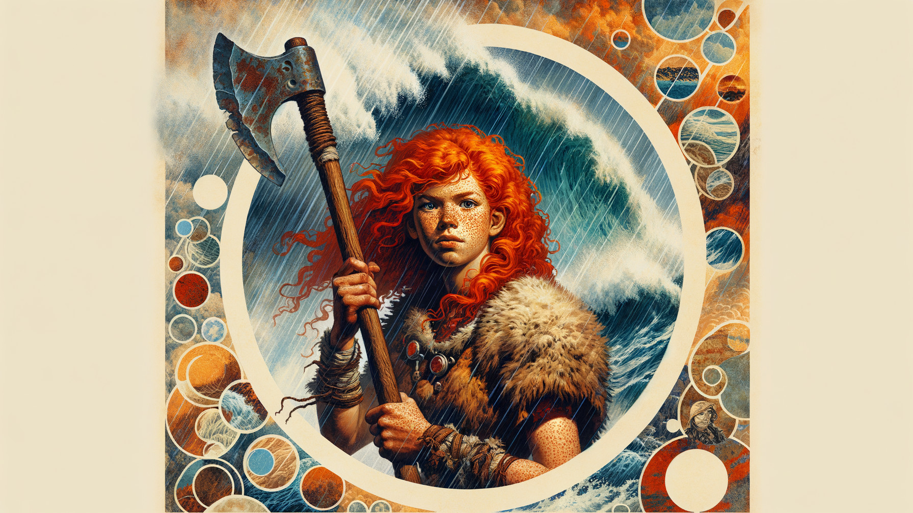 Fierce warrior with axe at stormy sea's edge