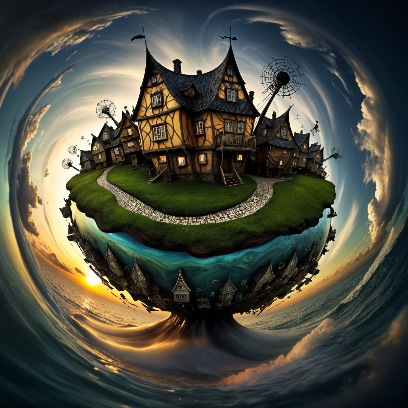 Whimsical Medieval Houses in a Spherical Landscape