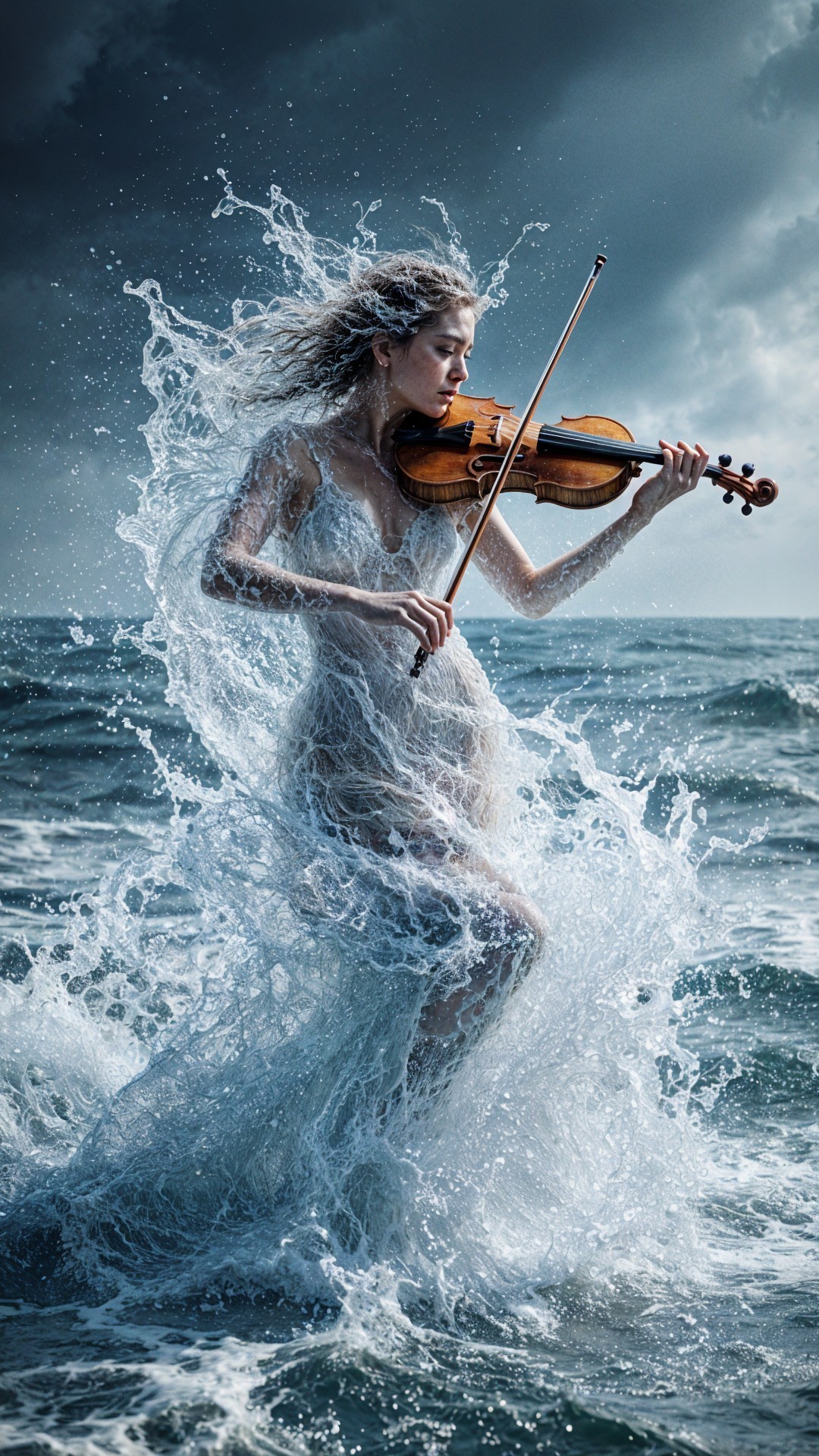 Woman in ocean waves playing a violin under stormy skies