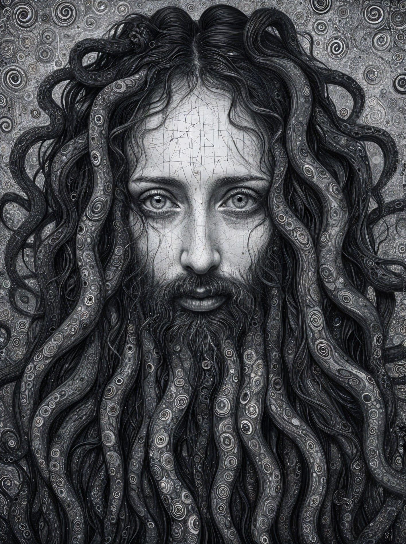 Surreal Figure with Tangled Hair and Monochromatic Design