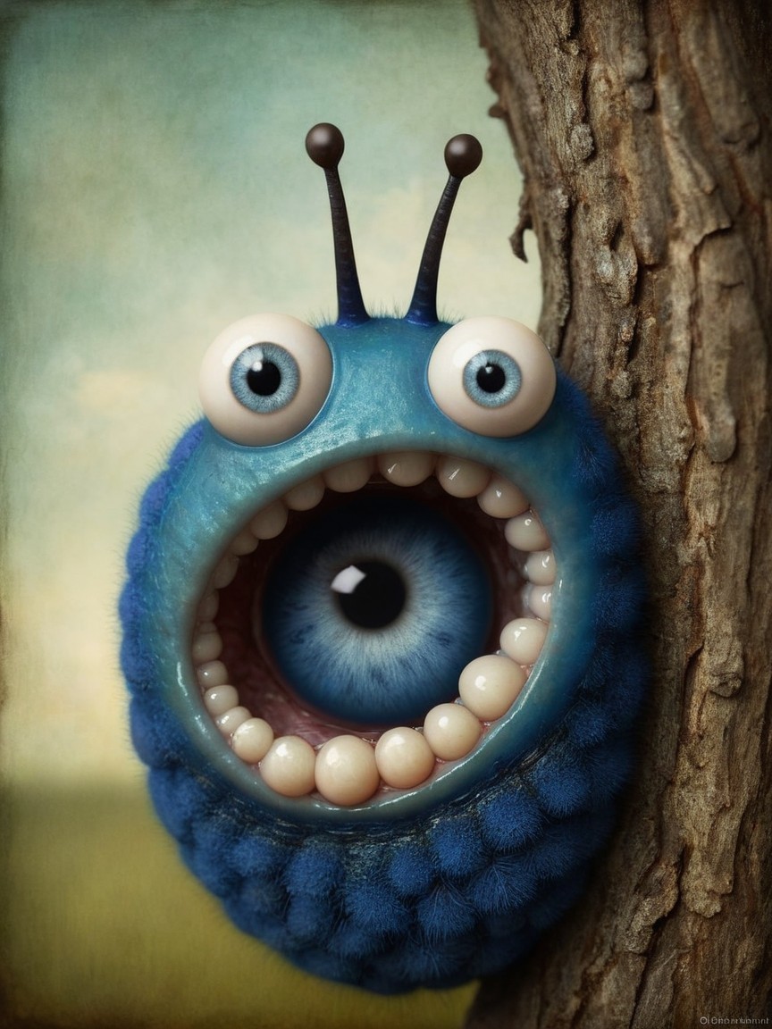 Cartoonish blue creature with large eyes on a tree