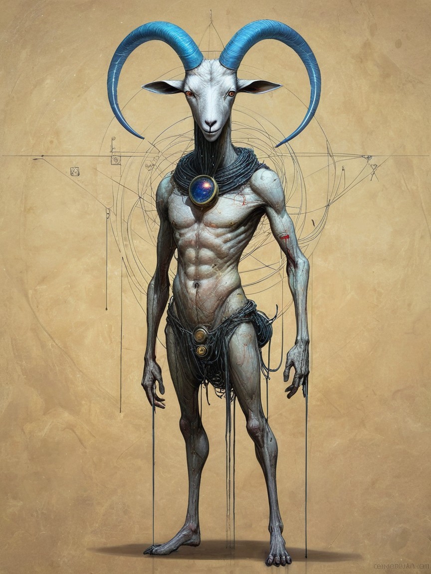 Humanoid Creature with Ram-Like Head and Blue Horns