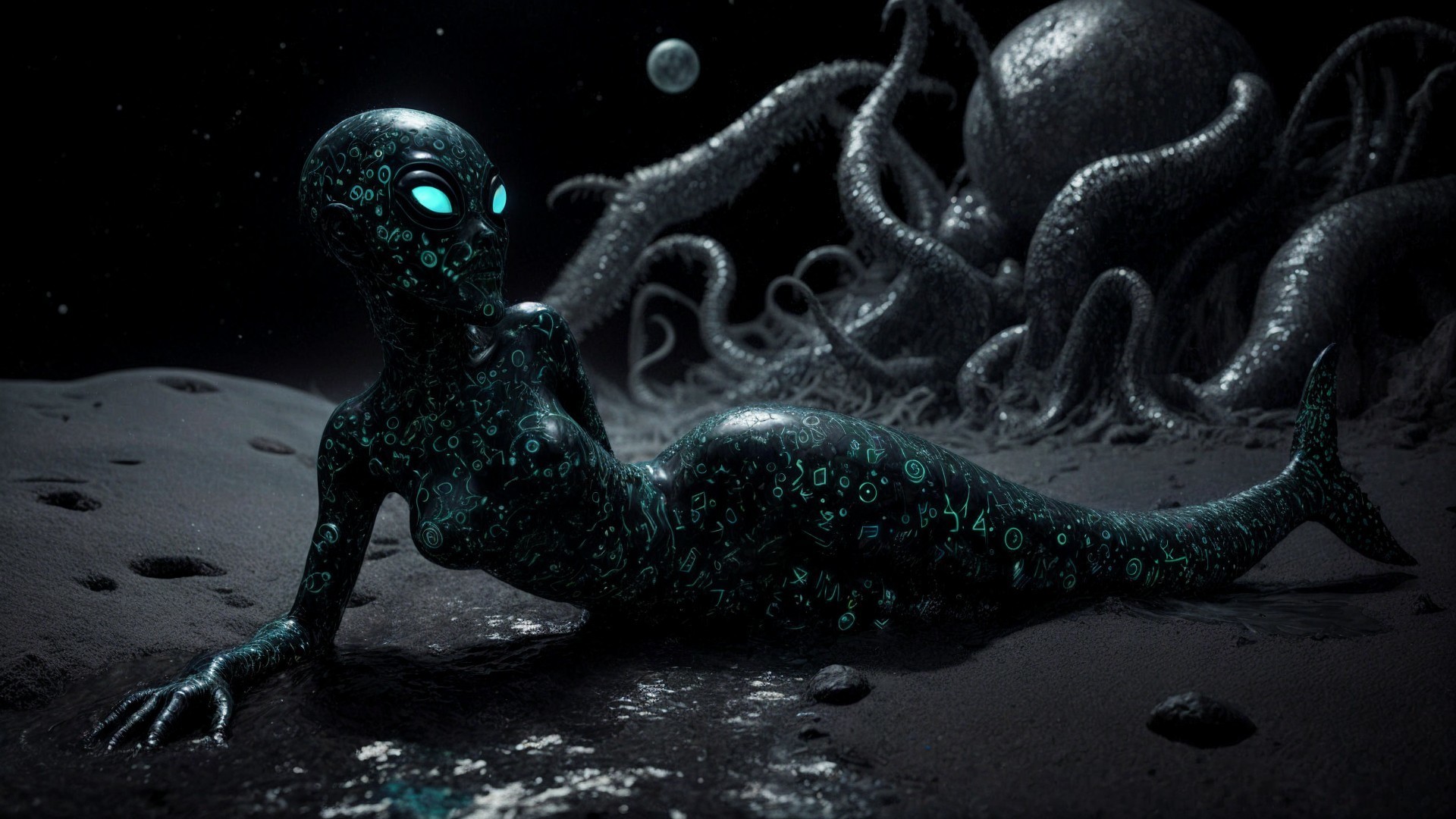 Futuristic Alien Figure on Lunar Surface with Tentacle Creature
