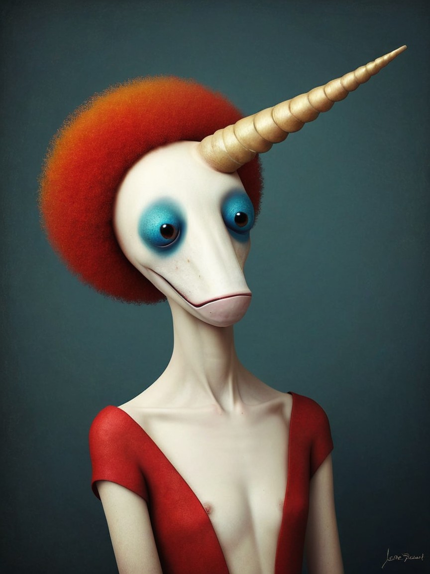 Surreal humanoid figure with elongated features and colors