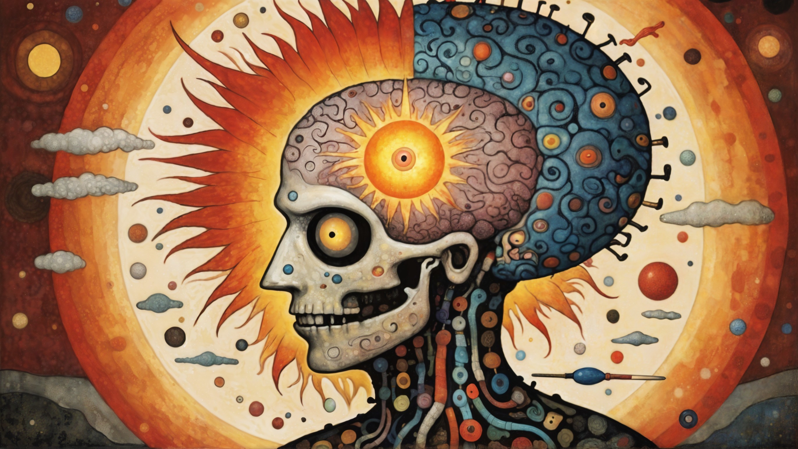Surreal Skull Illustration with Fiery and Cool Colors