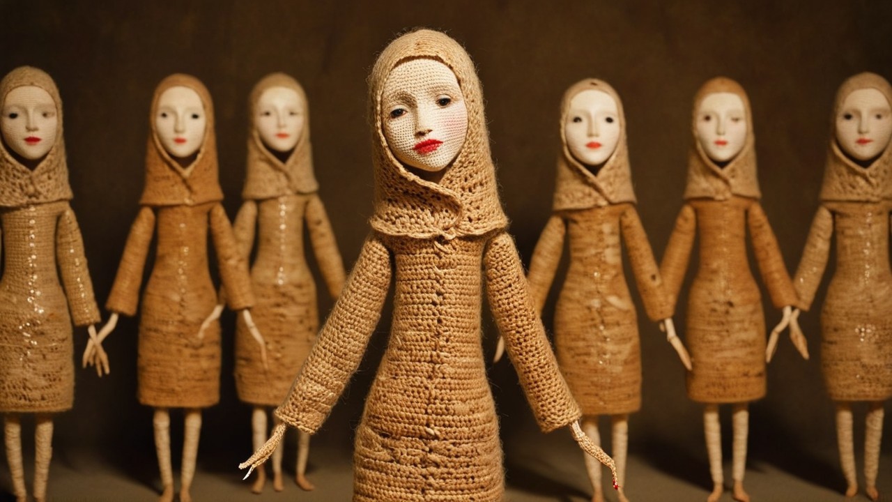 Intricately Crafted Dolls in Beige Knitted Outfits