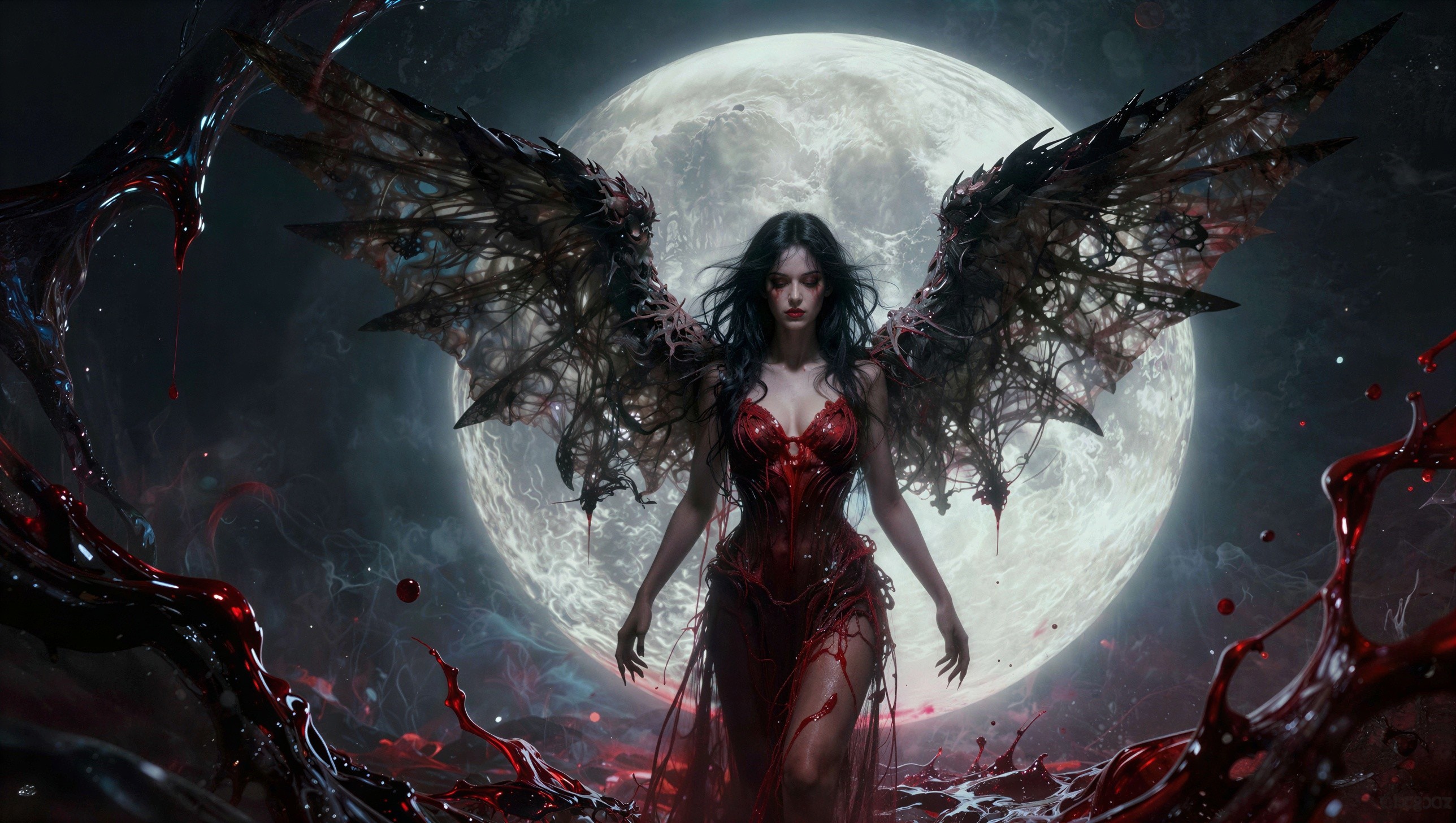Pale-Skinned Female Vampire with Thorny Wings at Night