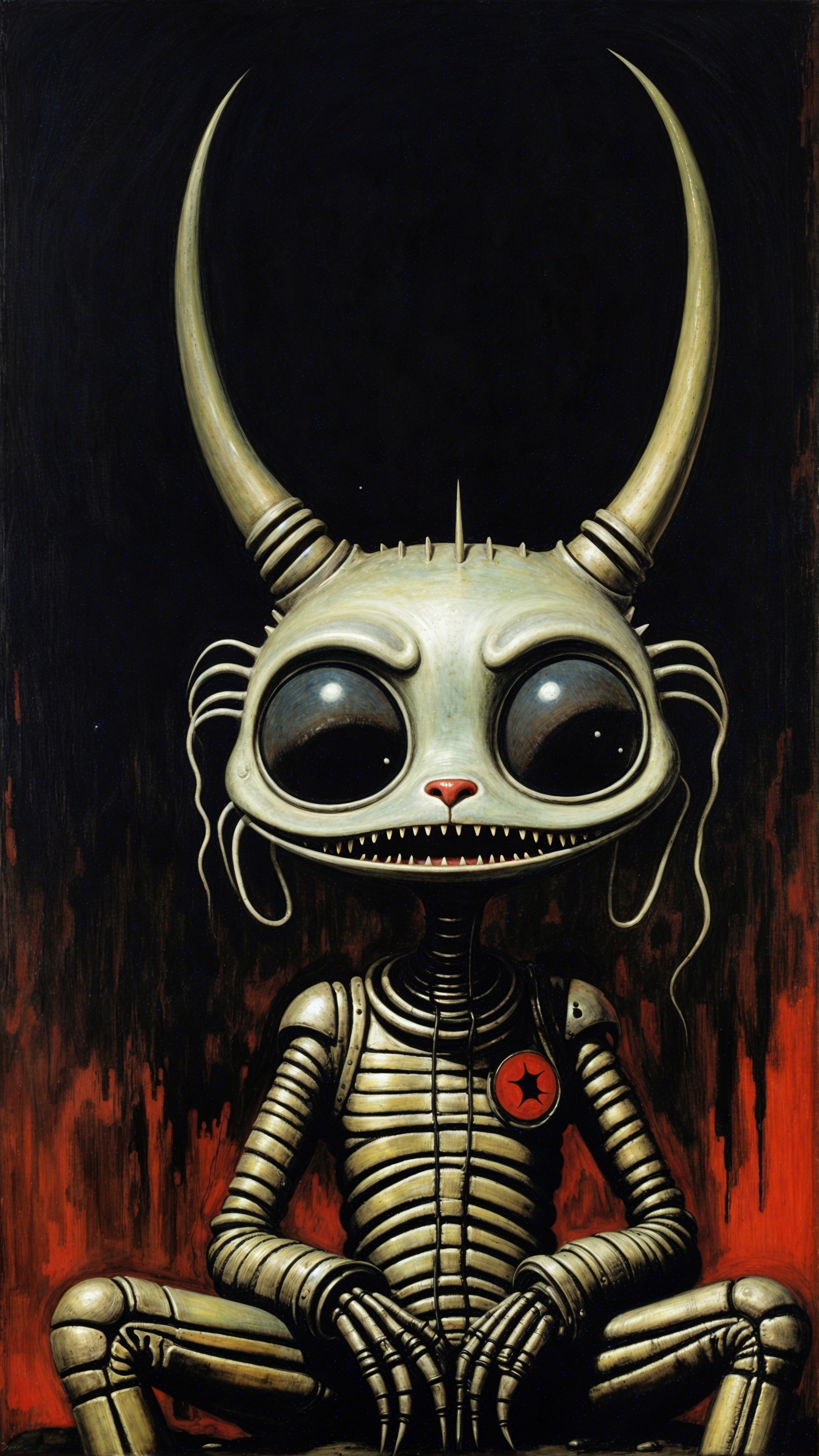 Surreal creature with metallic body and expressive eyes