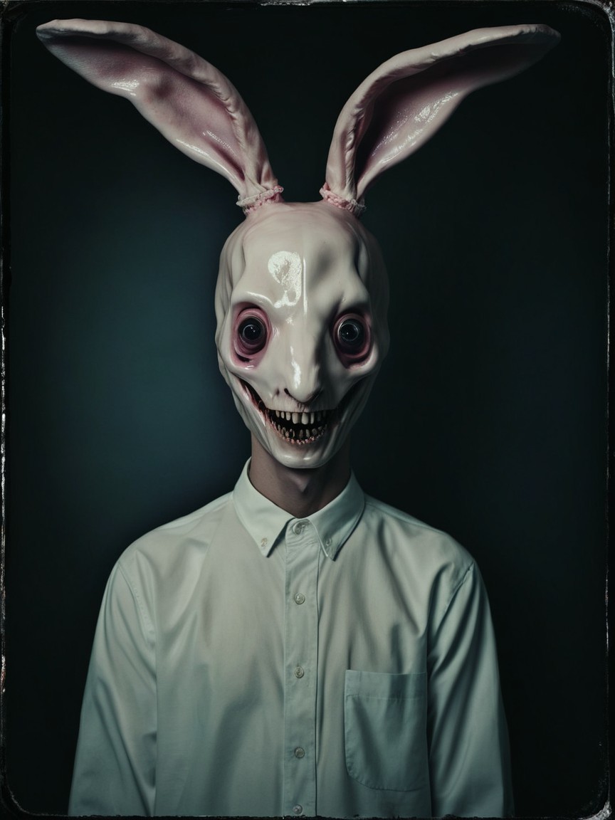 Grotesque Rabbit Mask Against Dark Background