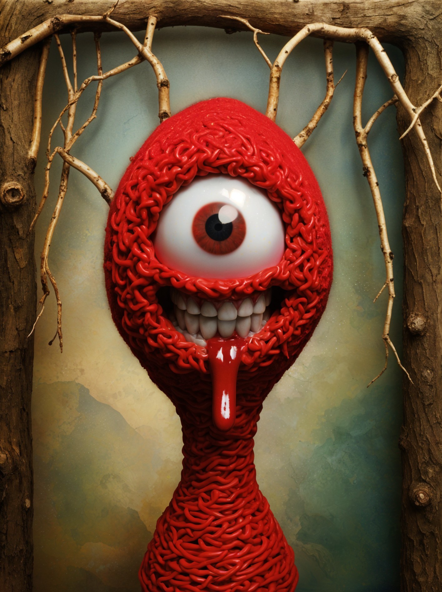 Whimsical Red Monster with Natural Elements Surrounding