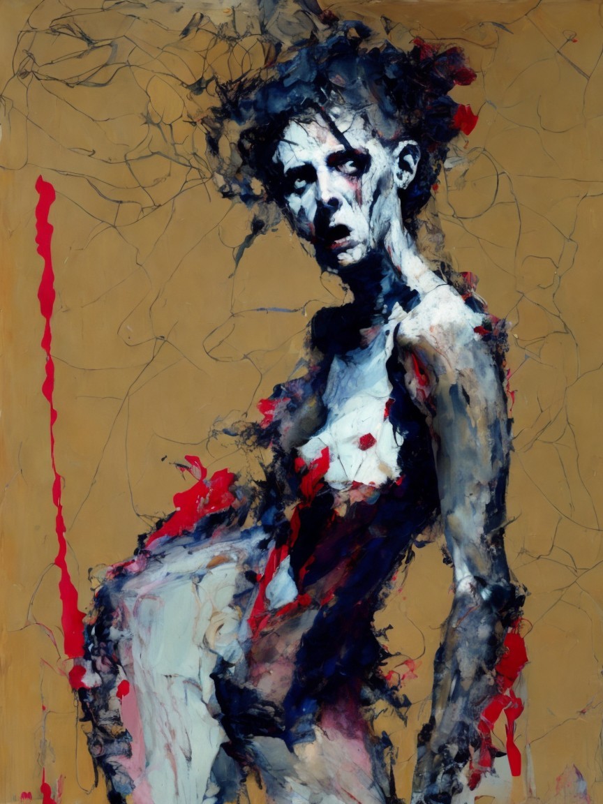 Expressionistic Figure with Intense Gaze on Gold Background