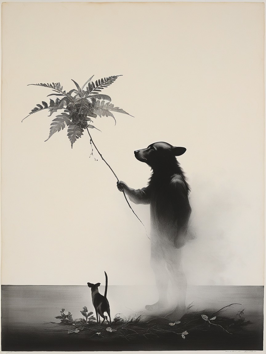 Monochromatic Artwork of Bear and Cat in Misty Scene