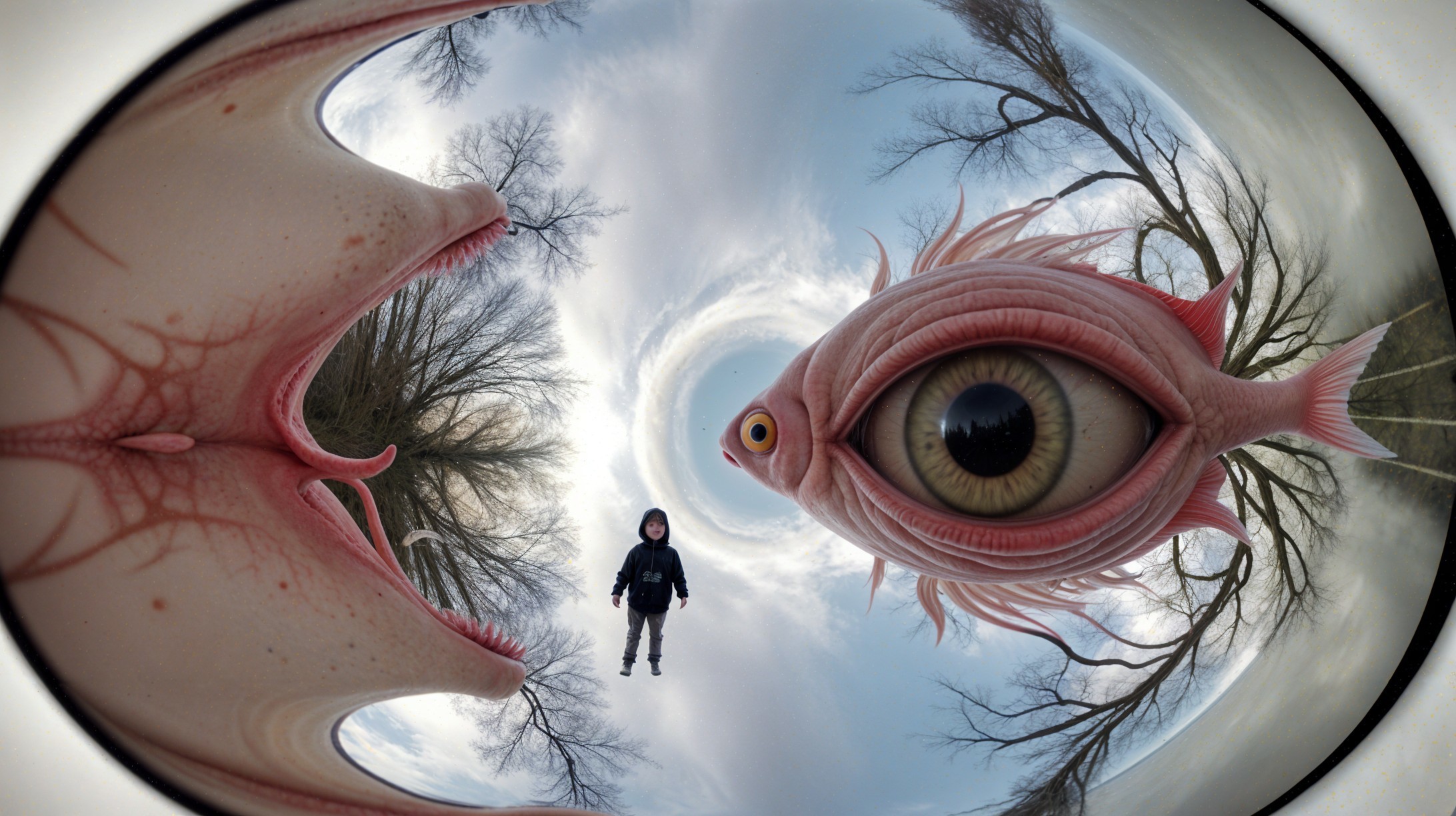 Surreal Landscape with Giant Fish and Child Figure