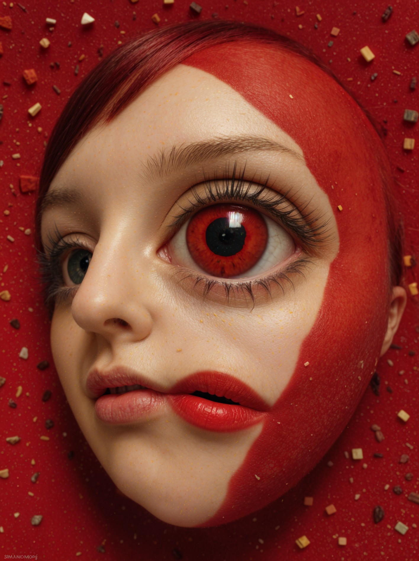 Surreal Artwork of Woman's Face with Abstract Red Design