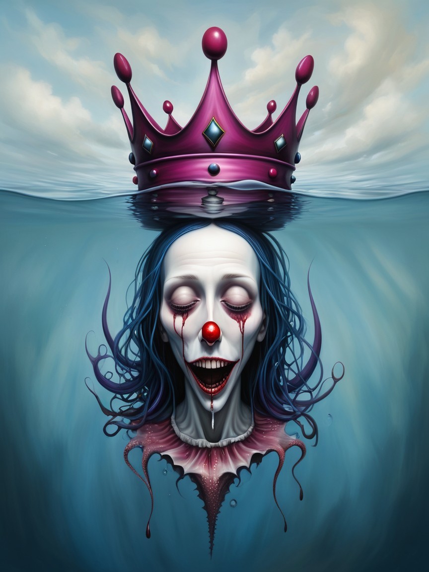 Crowned Clown Head Submerged in Water Scene