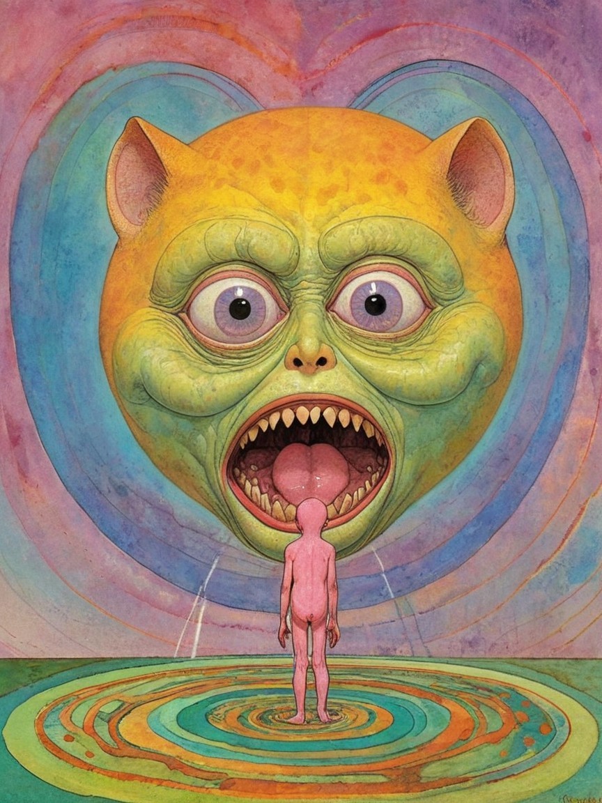 Surreal Scene with Humanoid Figure and Grotesque Cat Face