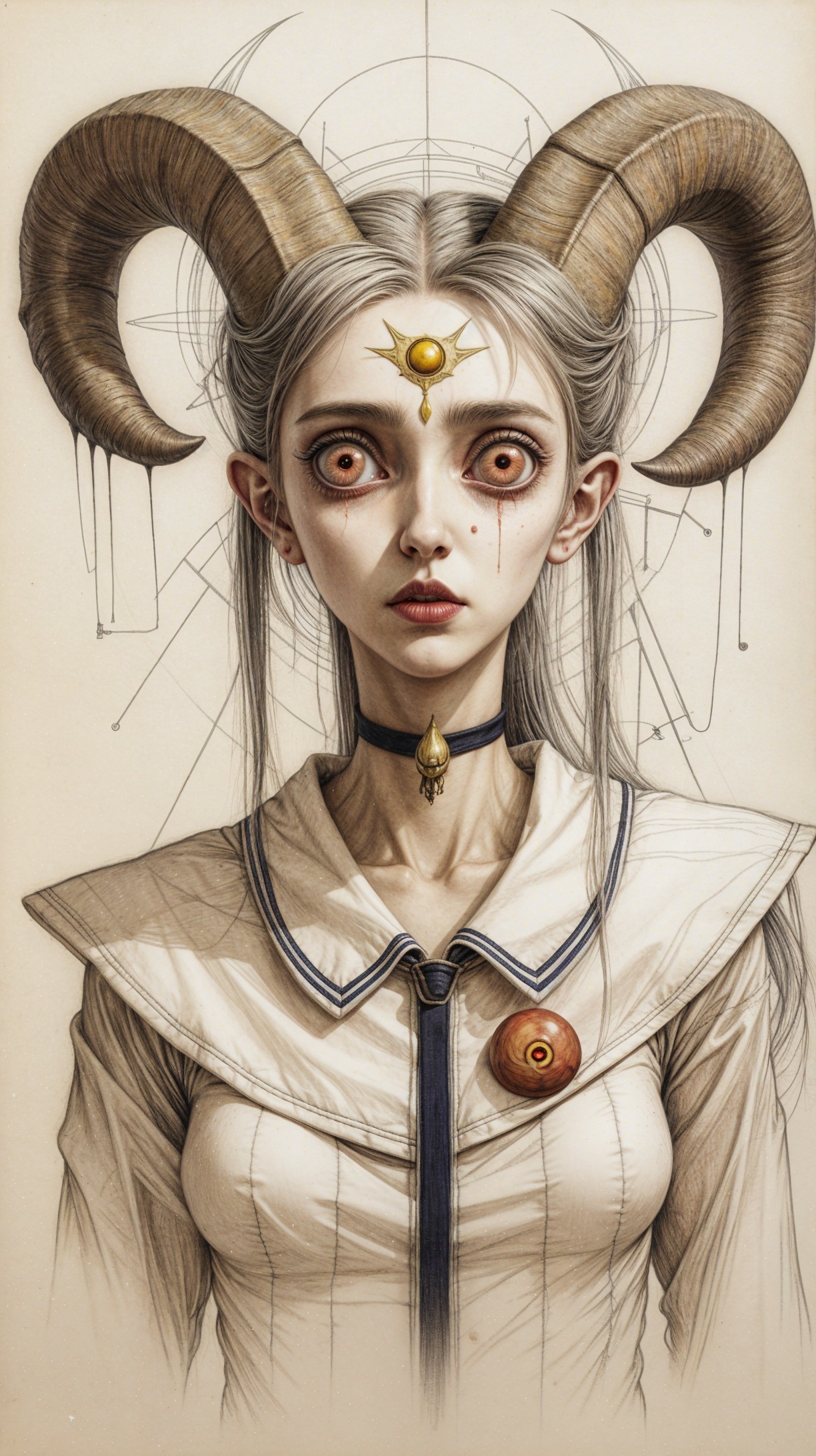 Mesmerizing figure with ram horns and pale features