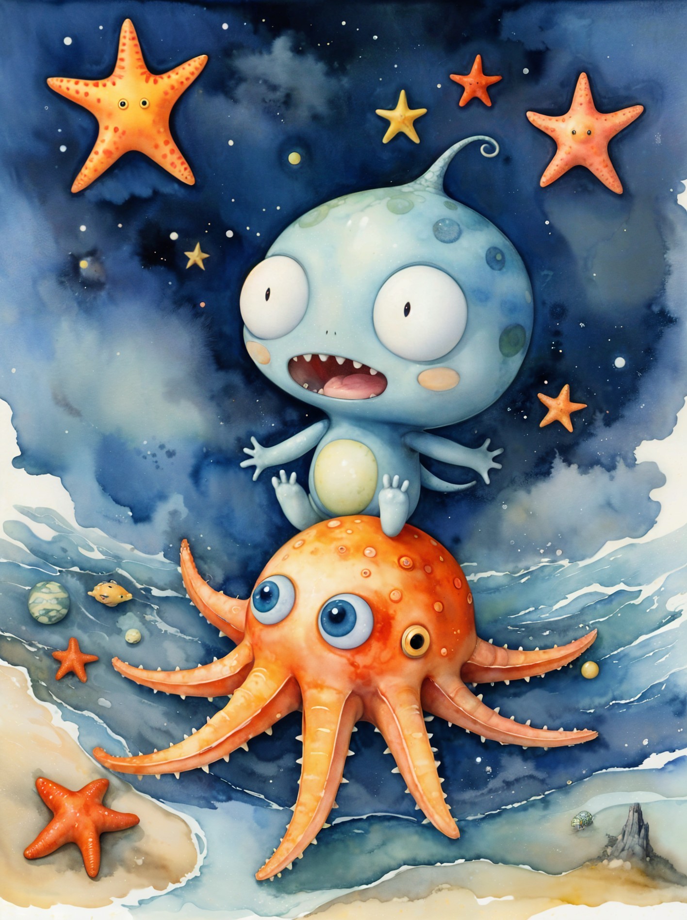 Whimsical Underwater Scene with Blue Creature and Octopus