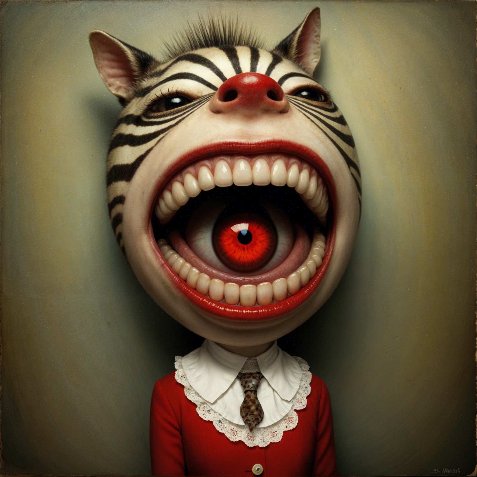 Surreal Character with Zebra-Striped Head and Red Eye