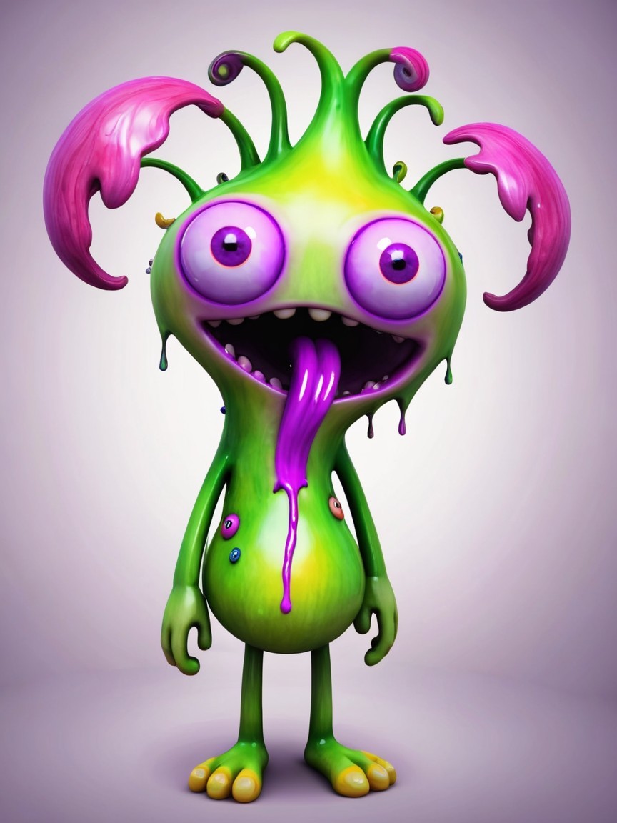 Whimsical Cartoon Creature with Green Body and Purple Accents