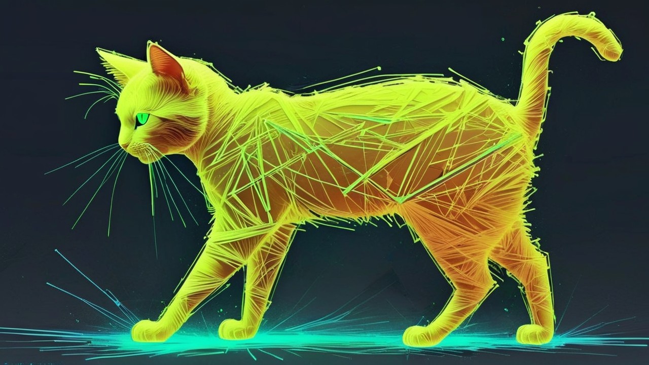 Stylized Neon-Yellow Cat in Geometric Wireframe Design