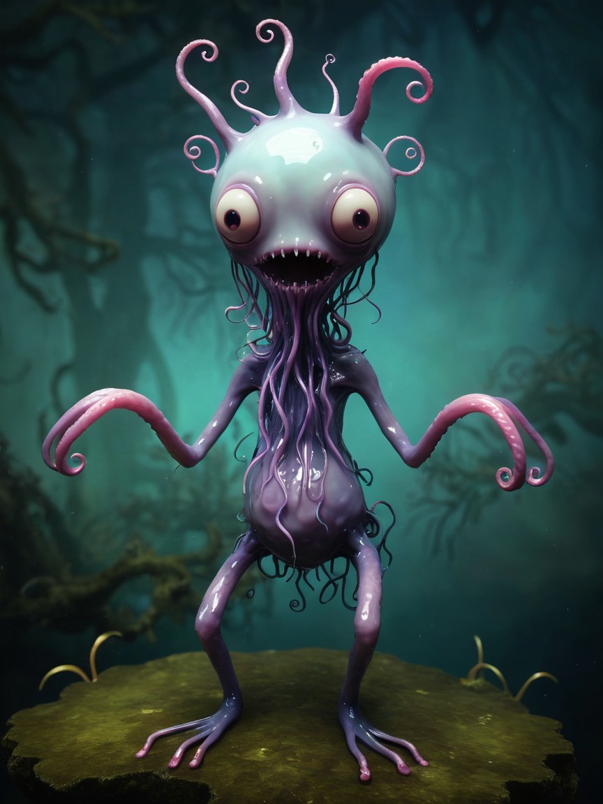 Cartoonish Blue Cthulhu Character in Dark Forest