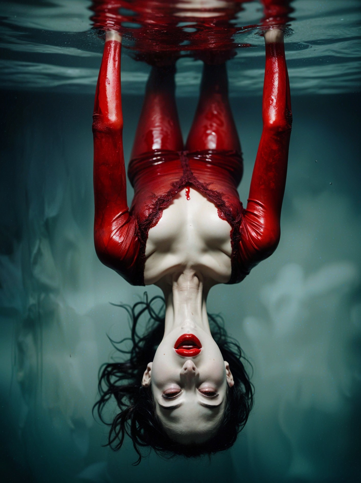 Figure in Glossy Red Outfit Floating Underwater