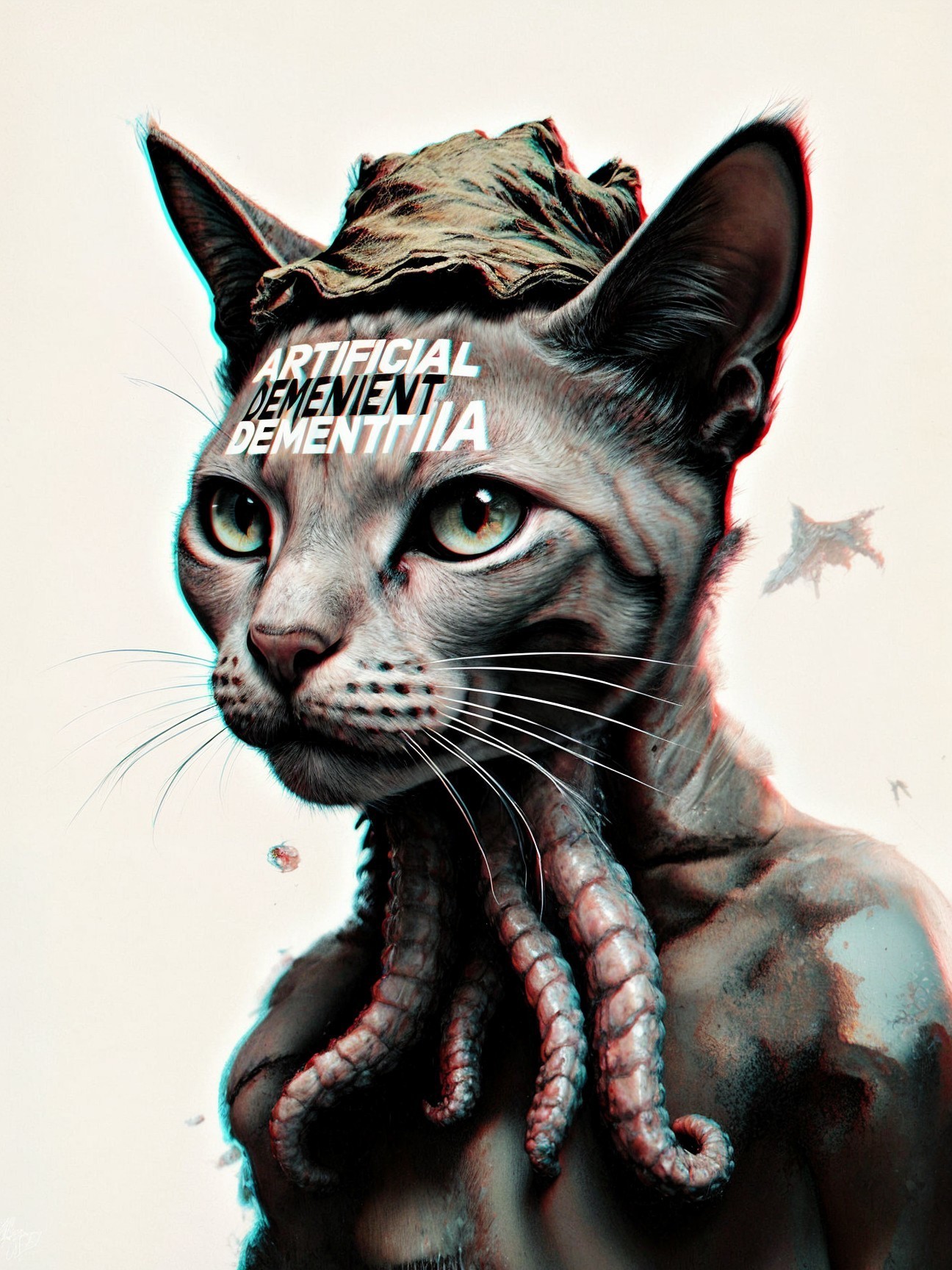 Surreal Creature with Feline Head and Tentacles