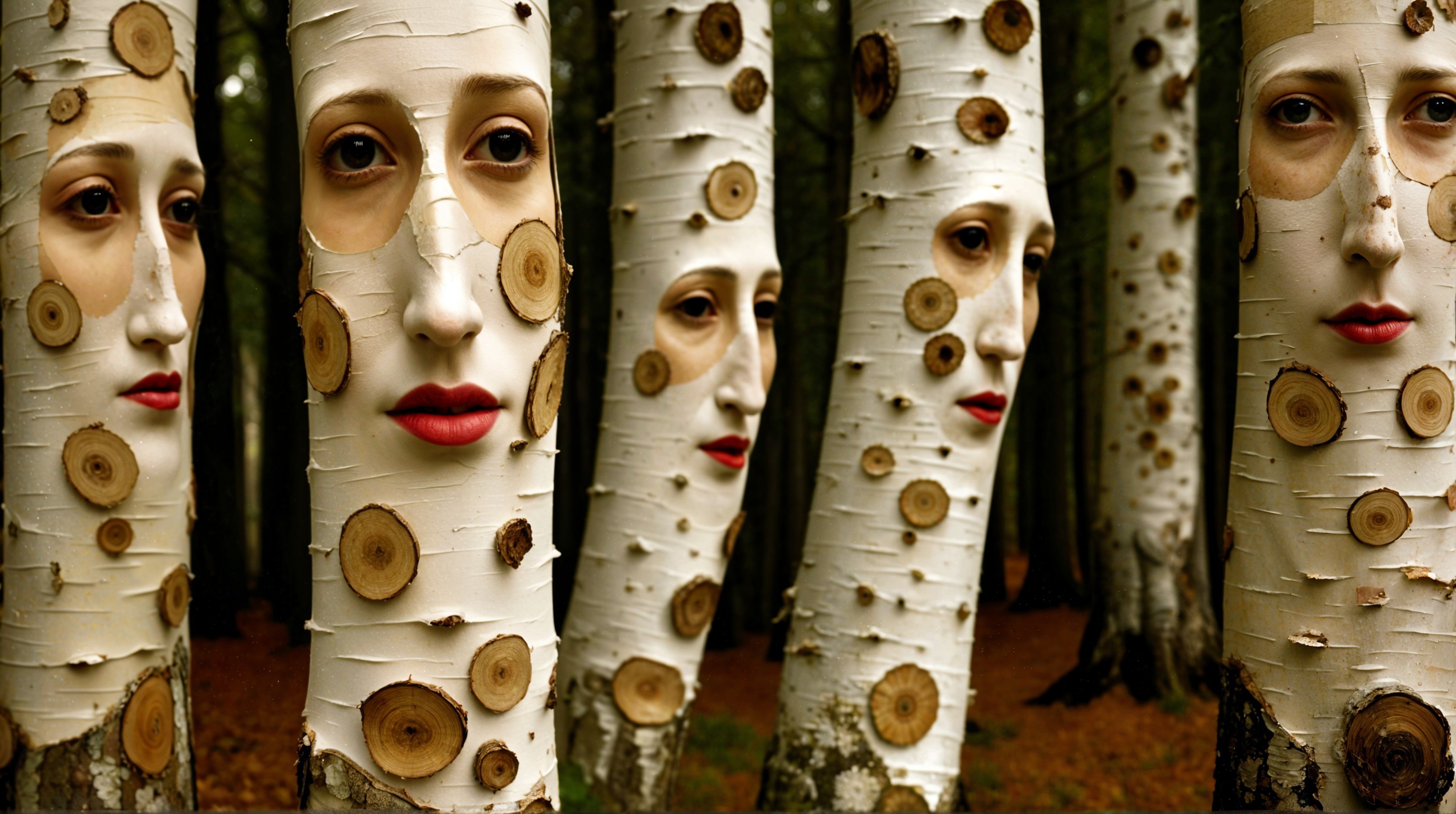 Trees with White Bark and Human-Like Faces