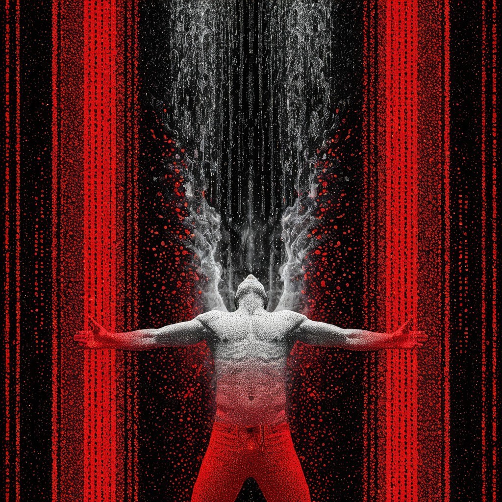 Muscular Figure Surrounded by Cascading Water and Stripes